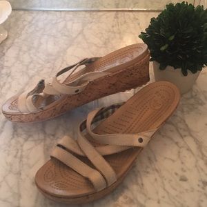 Crocs Slip-On, Cream, size 9, 2’ cork-styled heel.